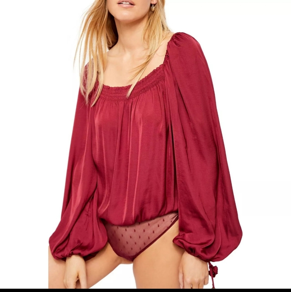 Free People Another Round Pomegranate Peasant Sleeve Blouse Bodysuit S
